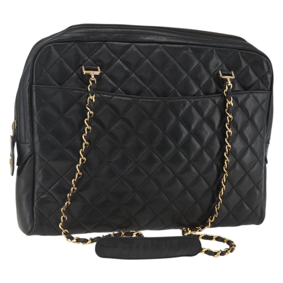 Black Leather Matelasse Shoulder Bag by CHANEL with Gold CC Chain: Black Leather Matelasse Shoulder Bag by CHANEL with Gold CC Chain This CHANEL Matelasse chain shoulder bag features black leather with gold-tone accents and the iconic CC logo. The bag has a classic s