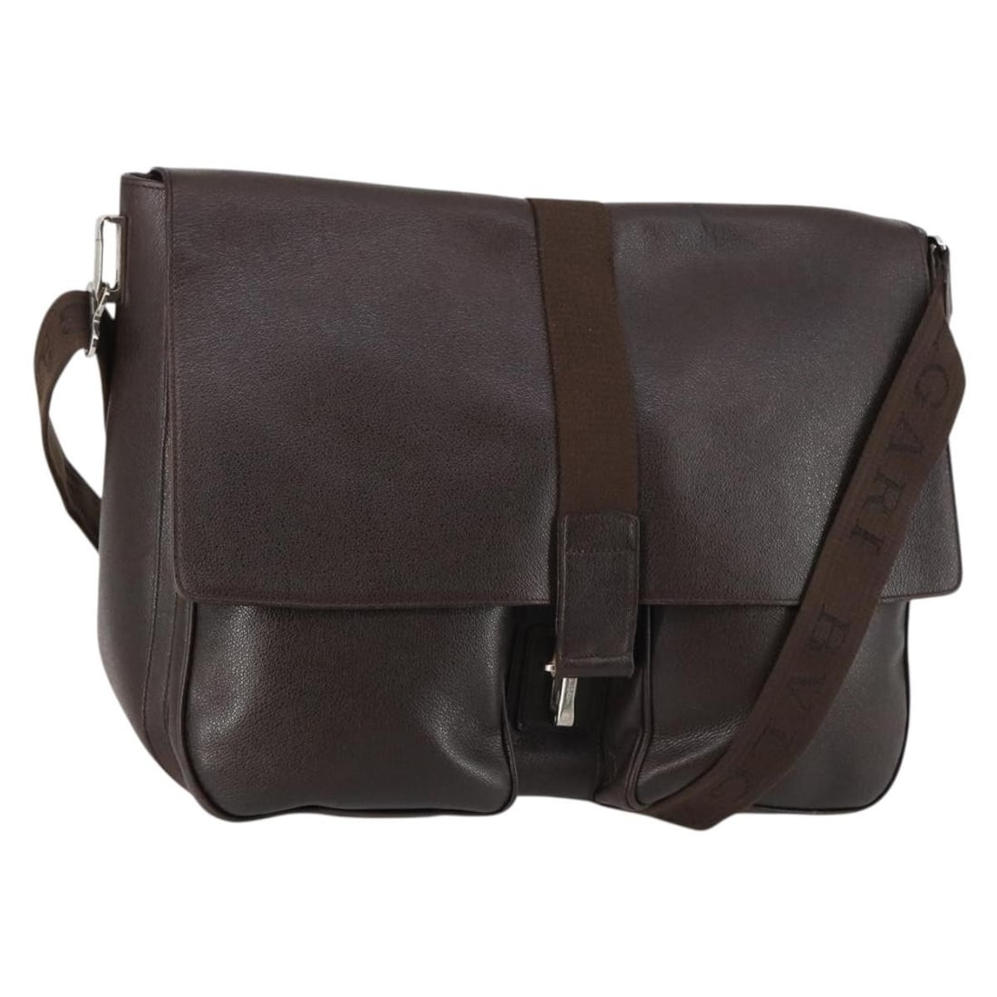 BVLGARI Leather Shoulder Bag Dark Brown Silver Made in Italy: BVLGARI Leather Shoulder Bag Dark Brown Silver Made in Italy This BVLGARI shoulder bag is crafted from luxurious dark brown leather, accented with silver hardware. Its structured design measures appro