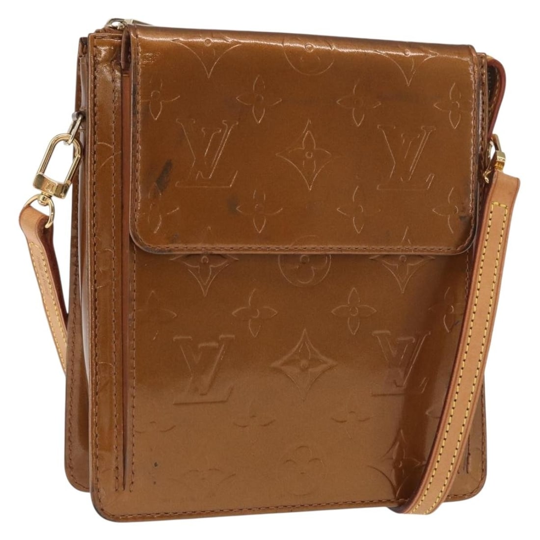 Louis Vuitton Bronze Vernis Motto Patent Leather Accessory Pouch M91138: Louis Vuitton Bronze Vernis Motto Patent Leather Accessory Pouch M91138 This Louis Vuitton Monogram Vernis Motto accessory pouch features a bronze patent leather exterior with the signature monogram d