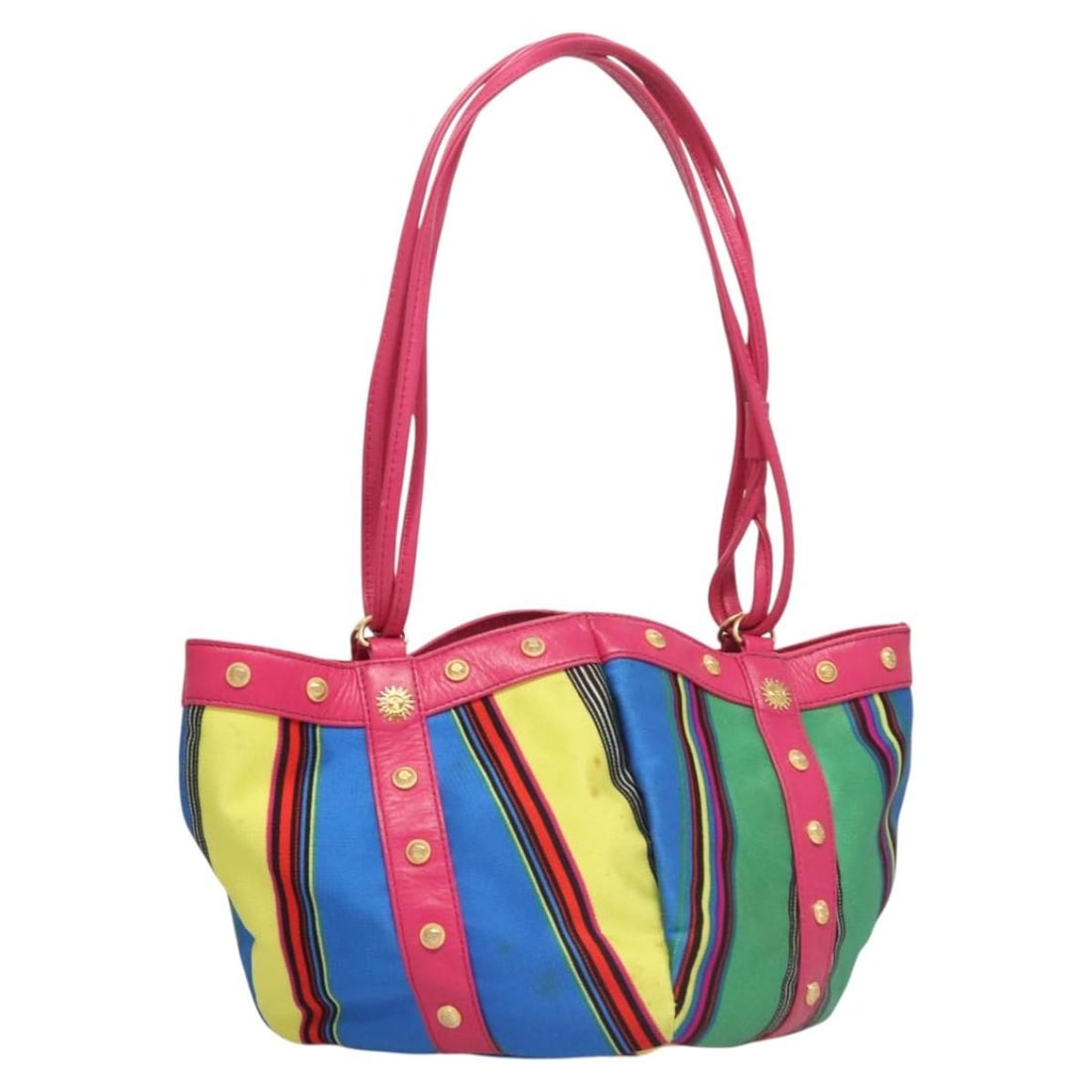 Gianni Versace Pink Gold Canvas Shoulder Bag Authentic: Gianni Versace Pink Gold Canvas Shoulder Bag Authentic This Gianni Versace shoulder bag combines elegance and practicality with its chic pink and gold canvas exterior. Measuring approximately 6.7 inch