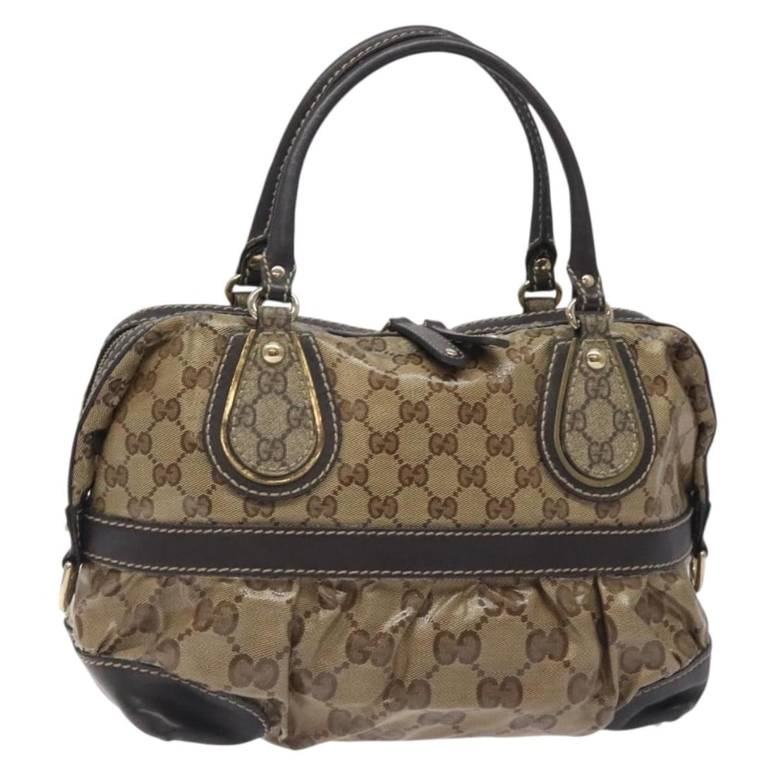 GUCCI GG Crystal Hand Bag Coated Canvas Brown Gold Made in Italy: GUCCI GG Crystal Hand Bag Coated Canvas Brown Gold Made in Italy This authentic GUCCI GG Crystal Hand Bag is crafted from durable coated canvas in a striking brown and gold color scheme. With its spac