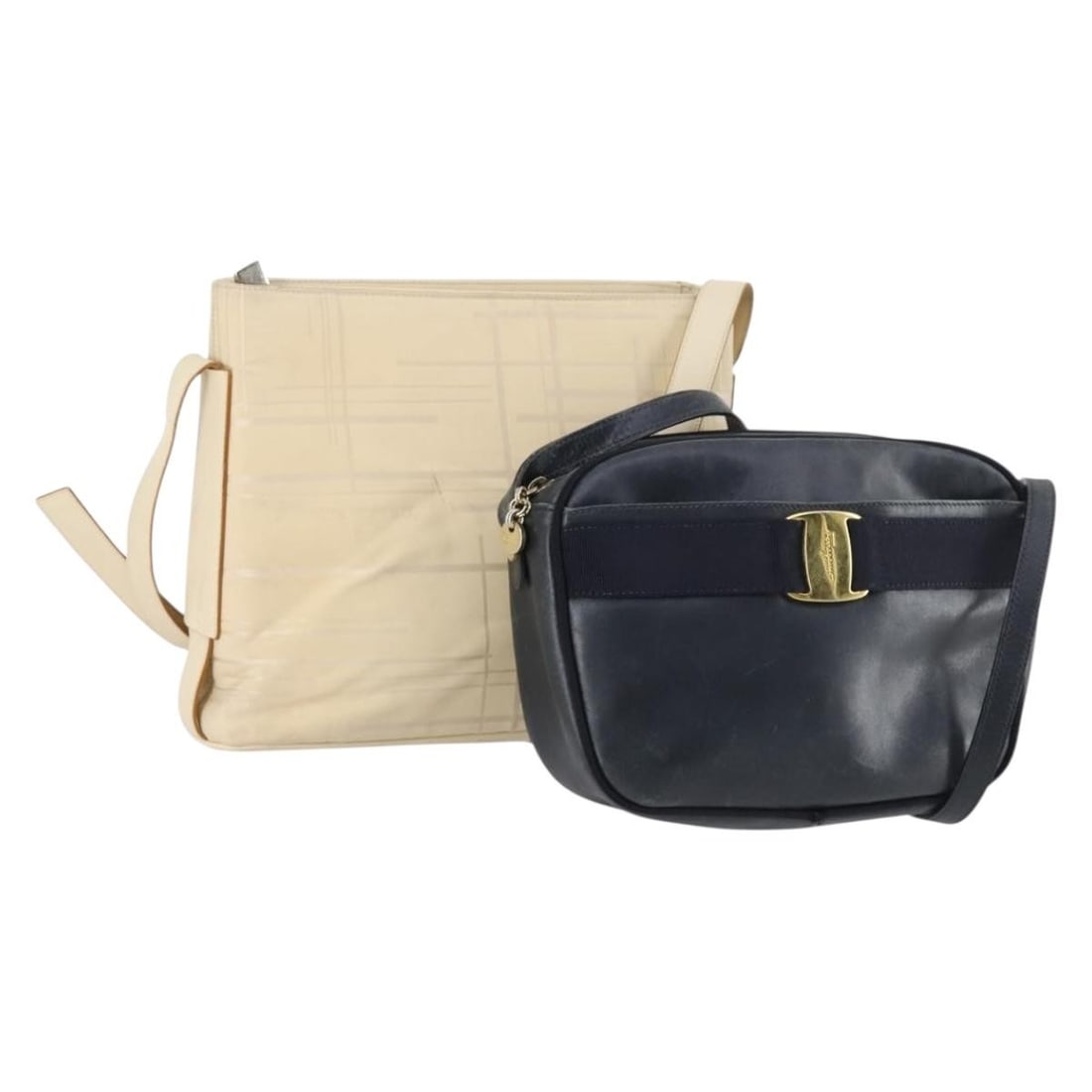 Salvatore Ferragamo Beige Navy Nylon Shoulder Bag Set of 2 Authentic (1 of 17)