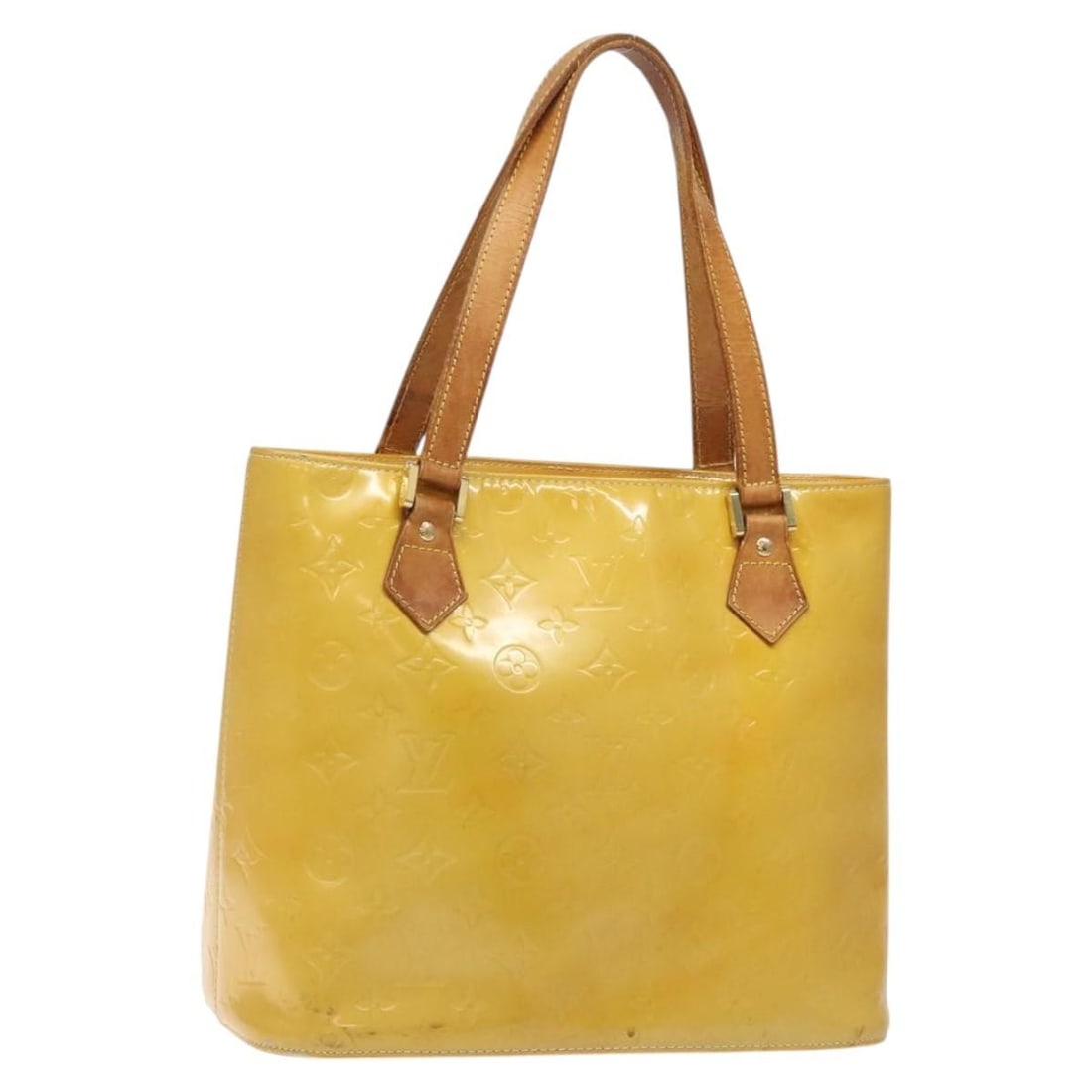 LOUIS VUITTON Monogram Vernis Houston Hand Bag Lime Yellow M91055 Authentic (1 of 18)