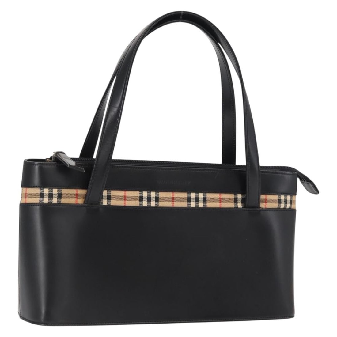 Burberry Nova Check Black Leather Handbag Silver Accents: Burberry Nova Check Black Leather Handbag Silver Accents This Burberry Nova Check handbag features a black and silver leather exterior with silver-tone accents. The bag has a structured silhouette wit
