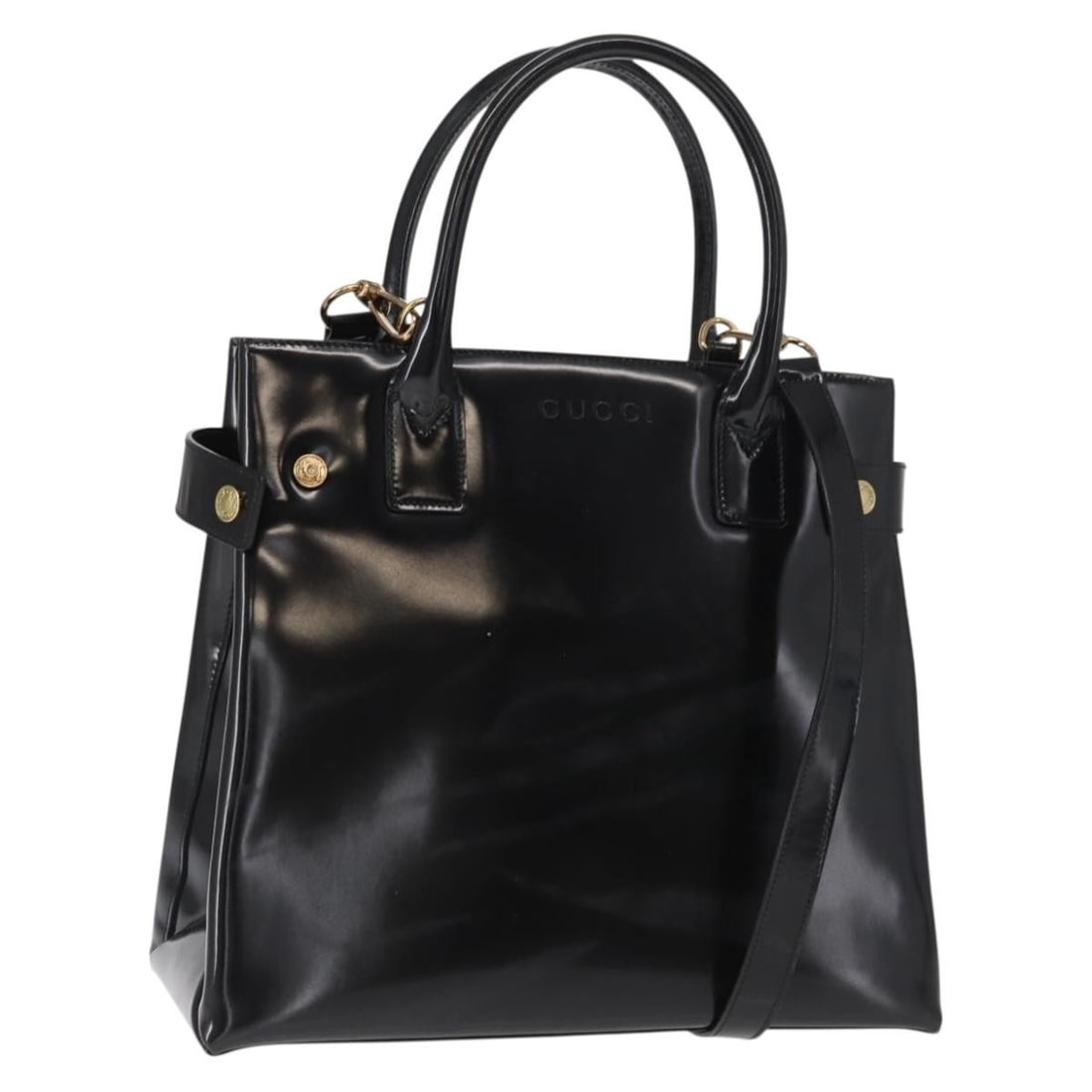 Gucci Enamel Black Gold 2-Way Handbag with Shoulder Strap: Gucci Enamel Black Gold 2-Way Handbag with Shoulder Strap This GUCCI 2-way hand bag is crafted from black and gold enamel and features both a top handle and a detachable shoulder strap for versatile c
