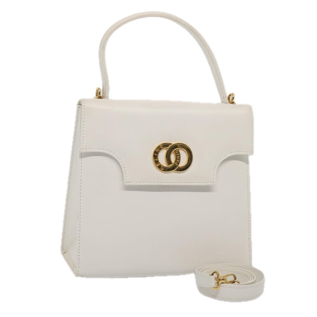 CELINE White Leather 2way Shoulder Bag Made in France: CELINE White Leather 2way Shoulder Bag Made in France This elegant CELINE Shoulder Bag, crafted from premium leather, showcases a pristine white exterior. Designed in France, it features a versatile t