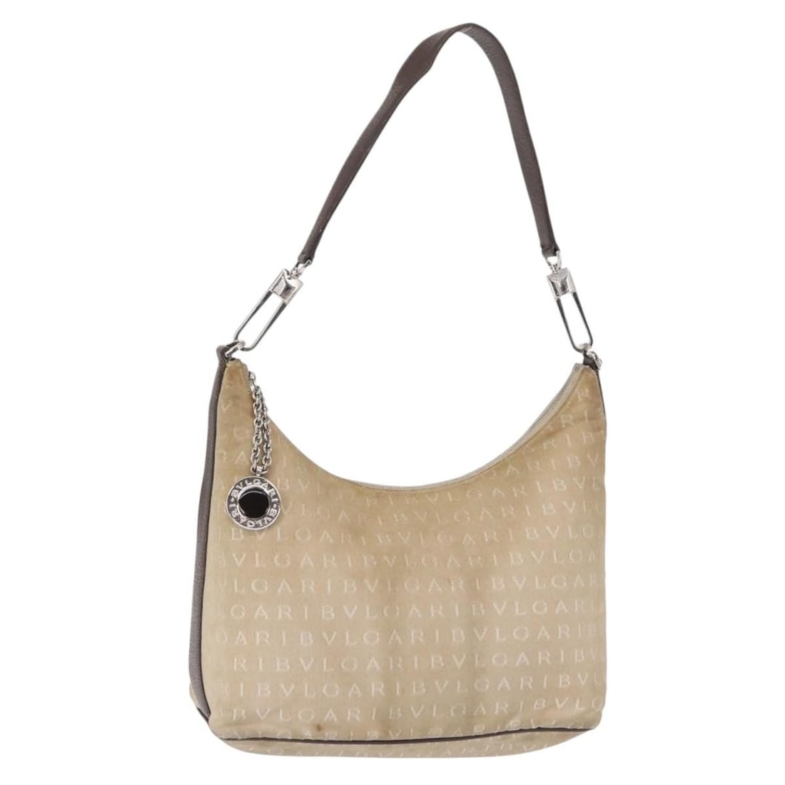 BVLGARI Beige Silver Canvas Shoulder Bag Italy Auth 151725: BVLGARI Beige Silver Canvas Shoulder Bag Italy Auth 151725 This BVLGARI shoulder bag is a stylish blend of functionality and elegance, crafted in Italy from durable canvas material in a sophisticated