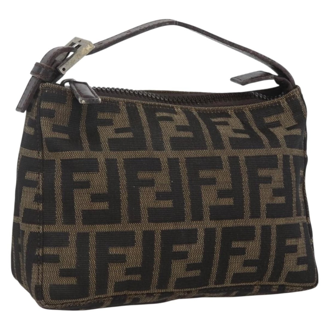 Black and Brown Zucca Canvas FENDI Pouch Hand Bag from Italy: Black and Brown Zucca Canvas FENDI Pouch Hand Bag from Italy This FENDI Zucca Canvas hand pouch features a classic black and brown design crafted from signature Zucca canvas. The bag offers a compact