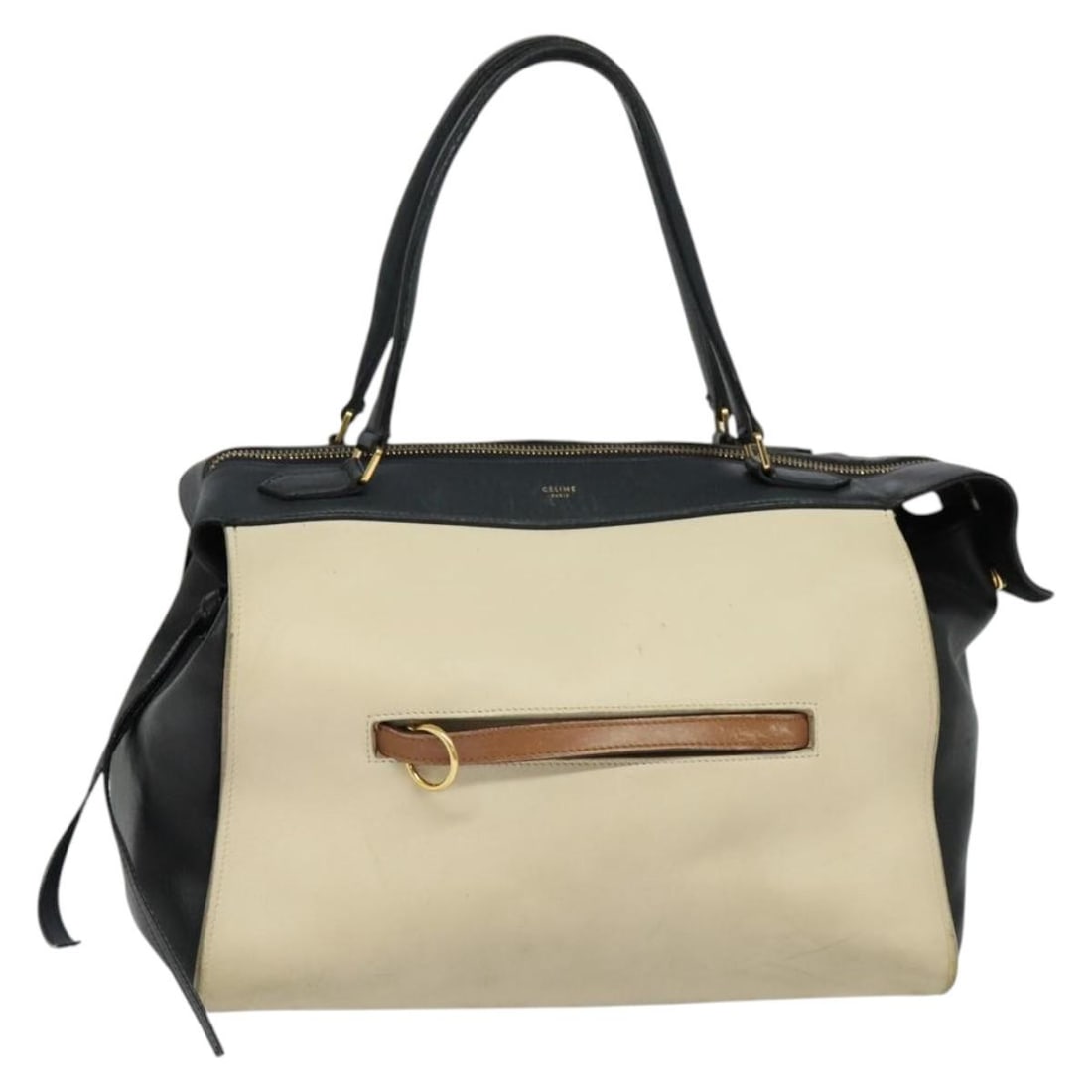 CELINE Beige Gold Leather Ring Hand Bag Made in Italy: CELINE Beige Gold Leather Ring Hand Bag Made in Italy Introducing the CELINE Ring Hand Bag, a stylish accessory crafted from luxurious leather in a sophisticated beige and gold color scheme. This hand