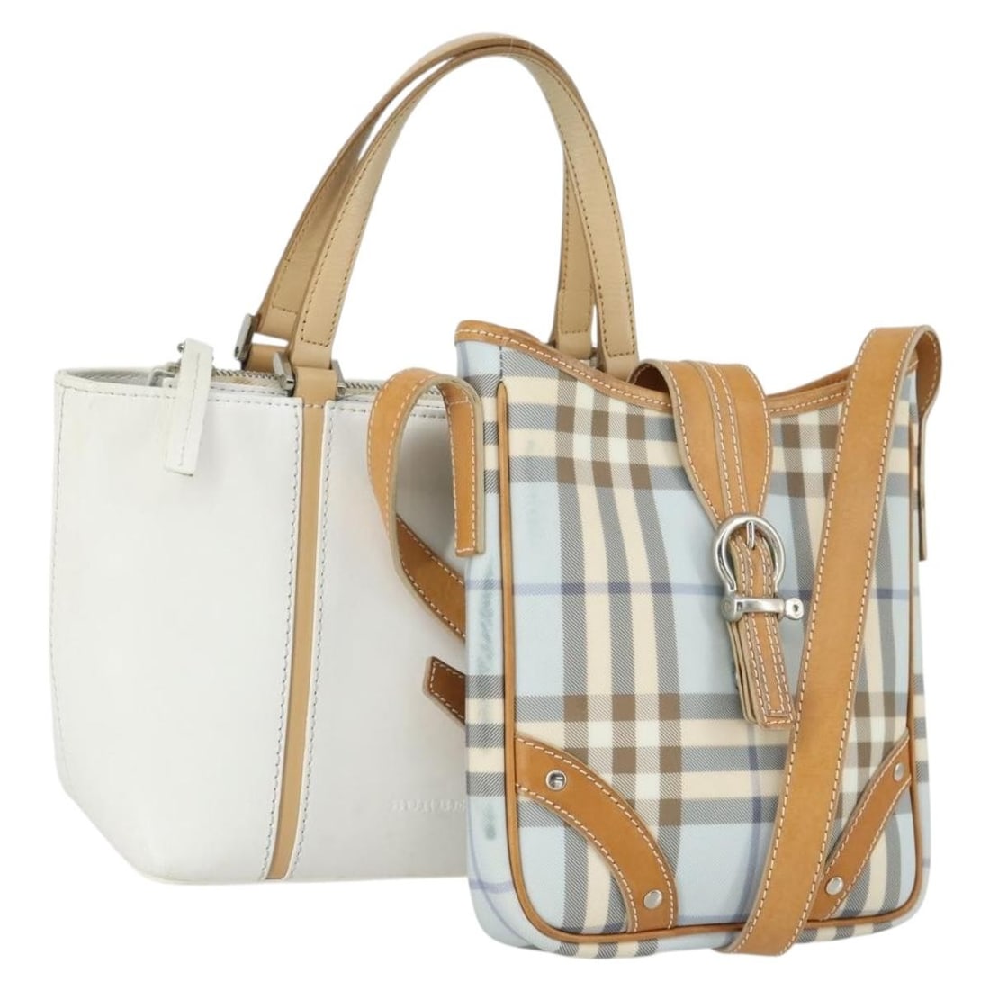 Set of 2 Burberry Nova Check Leather and PVC Handbags White Light Blue: Set of 2 Burberry Nova Check Leather and PVC Handbags White Light Blue This is a set of two BURBERRY Nova Check handbags featuring a combination of leather and PVC materials in white and light blue. T