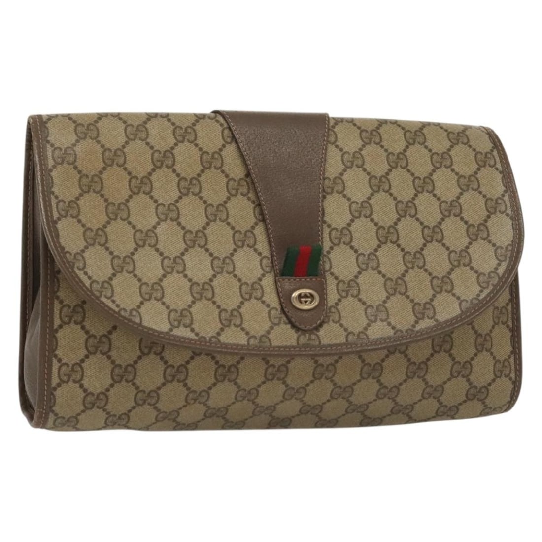 GUCCI GG Supreme Web Sherry Clutch Bag Beige Gold PVC Italy 156 01 031 Auth: GUCCI GG Supreme Web Sherry Clutch Bag Beige Gold PVC Italy 156 01 031 Auth This GUCCI GG Supreme Web Sherry Line Clutch Bag showcases a stylish design crafted from durable PVC leather in an elegant b