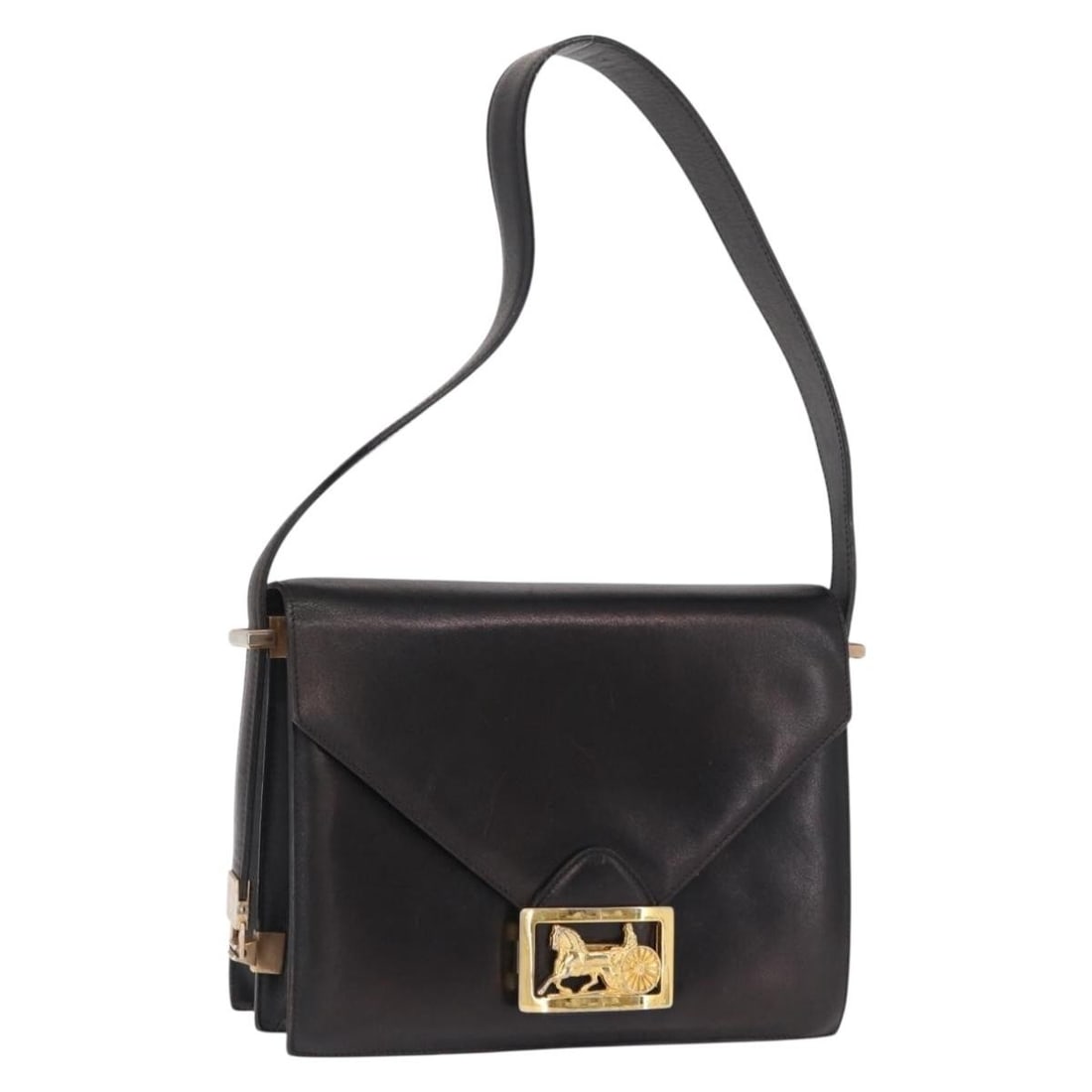 Black Leather CELINE Horse Carriage Shoulder Bag Gold Accent Italy: Black Leather CELINE Horse Carriage Shoulder Bag Gold Accent Italy This CELINE Horse Carriage shoulder bag features black leather with gold-tone accents and is crafted in Italy. The bag shows noticeab