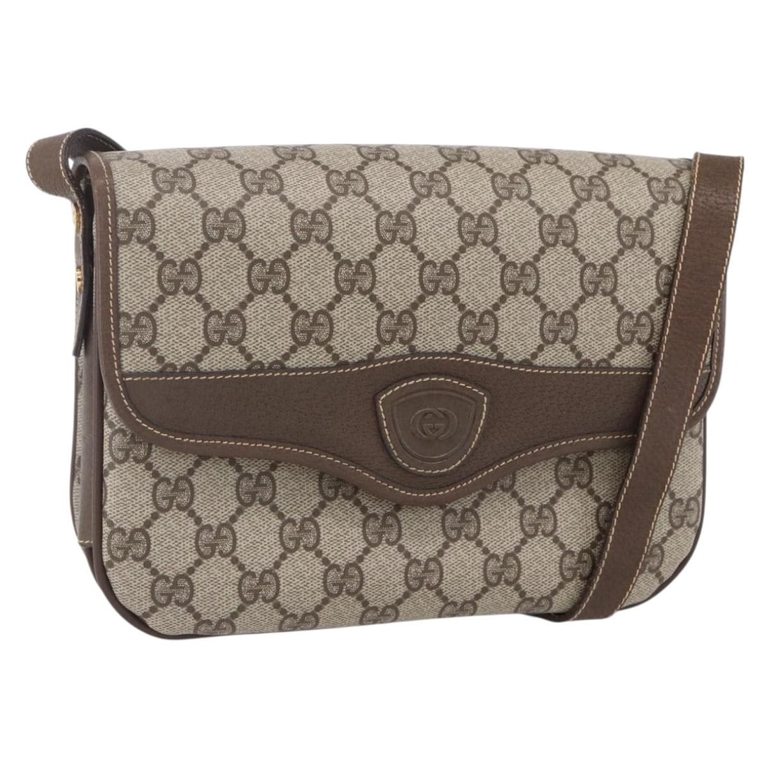 GUCCI GG Supreme Beige Gold PVC Shoulder Bag Made in Italy: GUCCI GG Supreme Beige Gold PVC Shoulder Bag Made in Italy This Gucci GG Supreme Shoulder Bag is a stylish accessory crafted from durable PVC leather, featuring a captivating beige and gold color sche