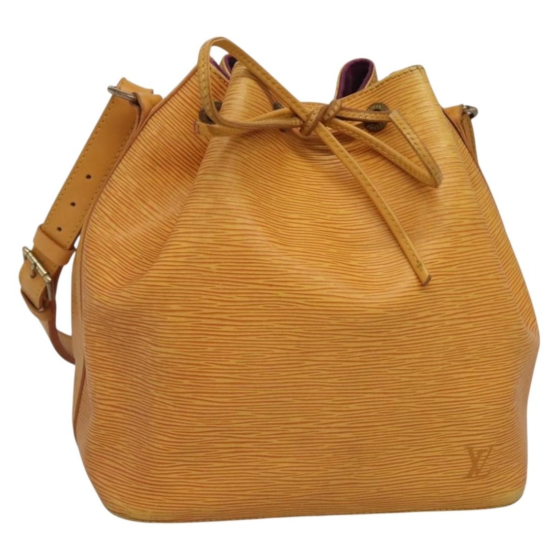 Authentic LOUIS VUITTON Epi Petit Noe Yellow Shoulder Bag M44109: Authentic LOUIS VUITTON Epi Petit Noe Yellow Shoulder Bag M44109 Elevate your accessory collection with the LOUIS VUITTON Epi Petit Noe Shoulder Bag in a striking yellow hue. This stylish shoulder bag