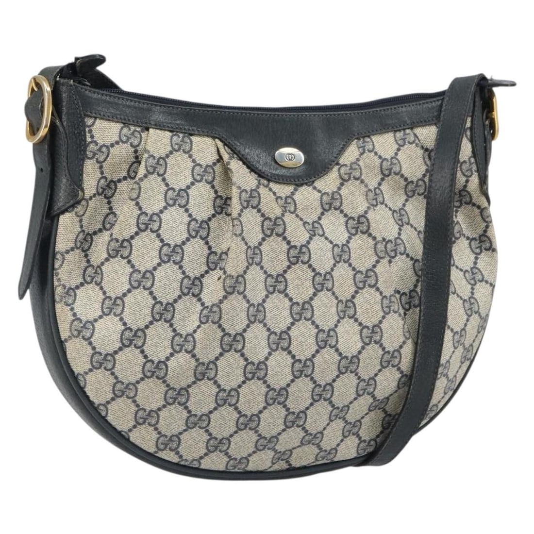 Gucci GG Supreme Navy PVC Leather Shoulder Bag 41 02 058 Gold Details: Gucci GG Supreme Navy PVC Leather Shoulder Bag 41 02 058 Gold Details This is a Gucci GG Supreme shoulder bag crafted from PVC leather with GG canvas in navy and gold tones. The bag features a shoulde