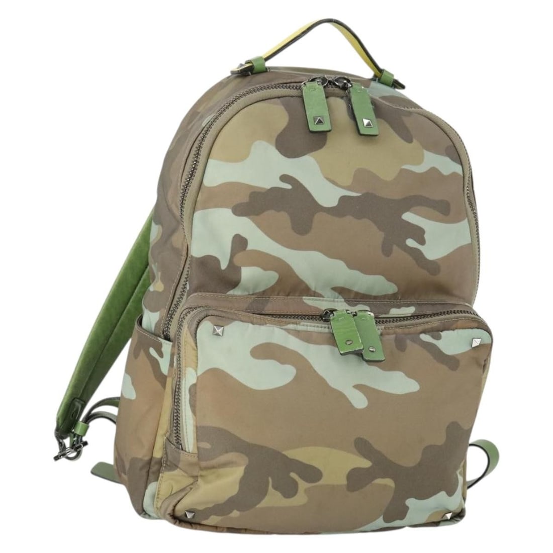 Valentino Khaki and Silver Nylon Backpack Made in Italy: Valentino Khaki and Silver Nylon Backpack Made in Italy This VALENTINO backpack is crafted from khaki nylon with silver accents. Made in Italy, it features a spacious main compartment and a sleek, mod