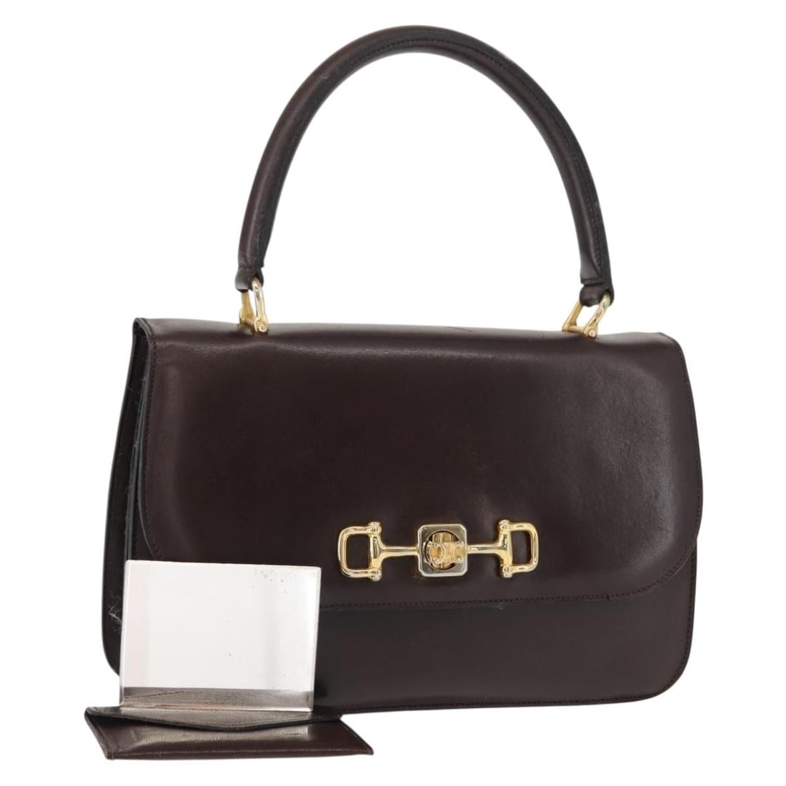 CELINE Brown Leather Hand Bag with Gold Accents Made in Italy: CELINE Brown Leather Hand Bag with Gold Accents Made in Italy This stylish CELINE hand bag is crafted from high-quality leather in a striking brown and gold color combination. Designed in Italy, it fe