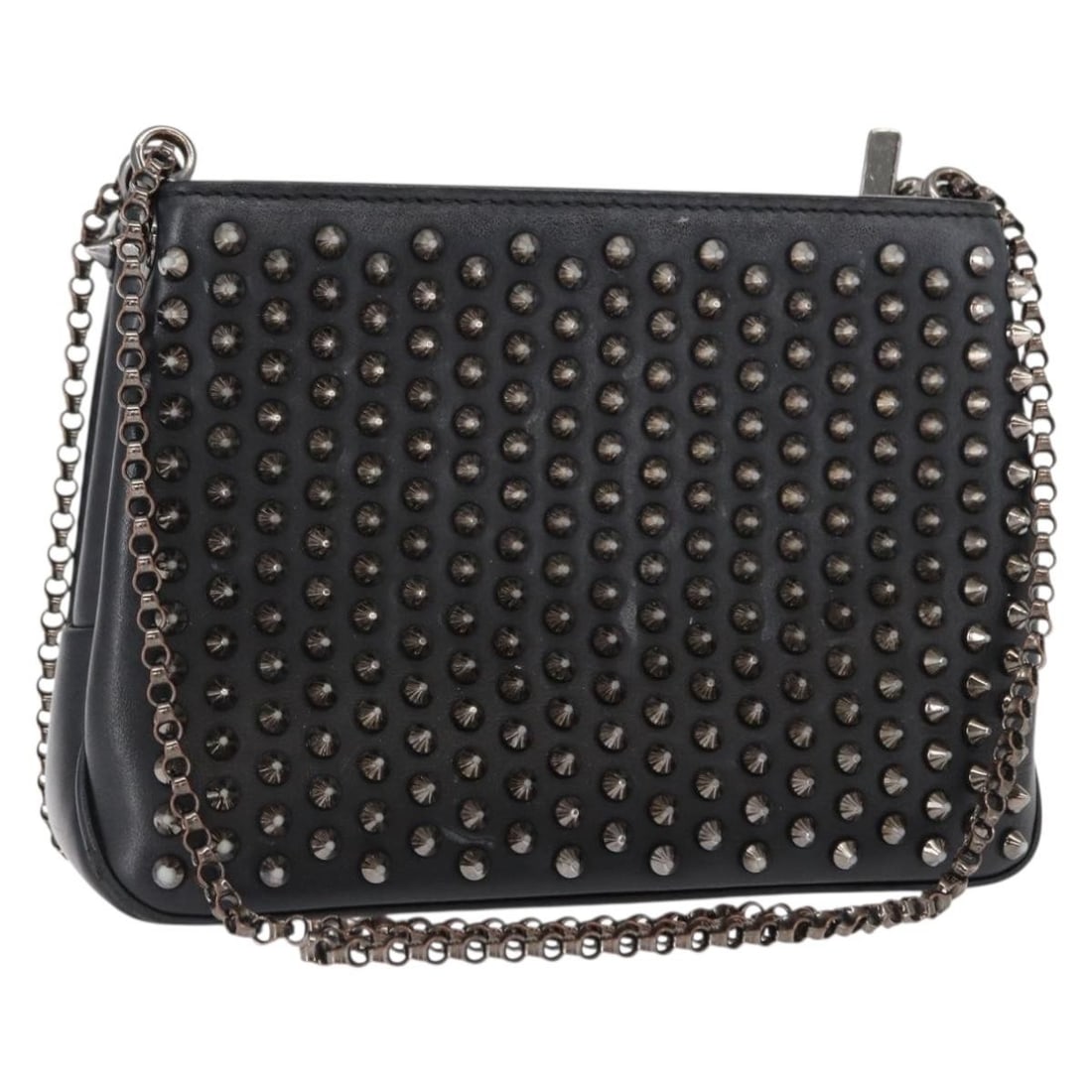 Black Leather Christian Louboutin Shoulder Bag with Studs and Chain Detail: Black Leather Christian Louboutin Shoulder Bag with Studs and Chain Detail This Christian Louboutin shoulder bag features a black and silver leather exterior accented with stud details and a chain str