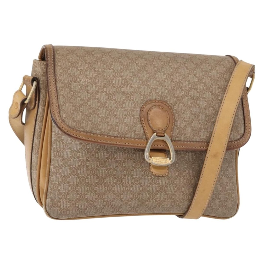 CELINE Beige Gold Macadam PVC Shoulder Bag Italy Auth 152108: CELINE Beige Gold Macadam PVC Shoulder Bag Italy Auth 152108 This authentic CELINE Macadam Canvas Shoulder Bag is a stylish accessory made from durable PVC leather and features a chic beige and gold c