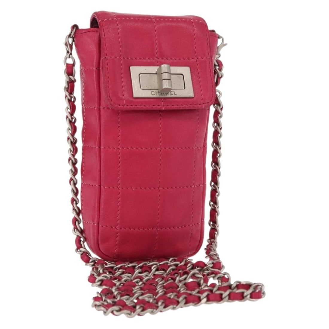 CHANEL Pink Silver Leather Choco Bar Shoulder Bag Auth BA8714: CHANEL Pink Silver Leather Choco Bar Shoulder Bag Auth BA8714 This authentic CHANEL Choco Bar line shoulder bag is a stylish accessory crafted from high-quality leather in a charming pink and silver c