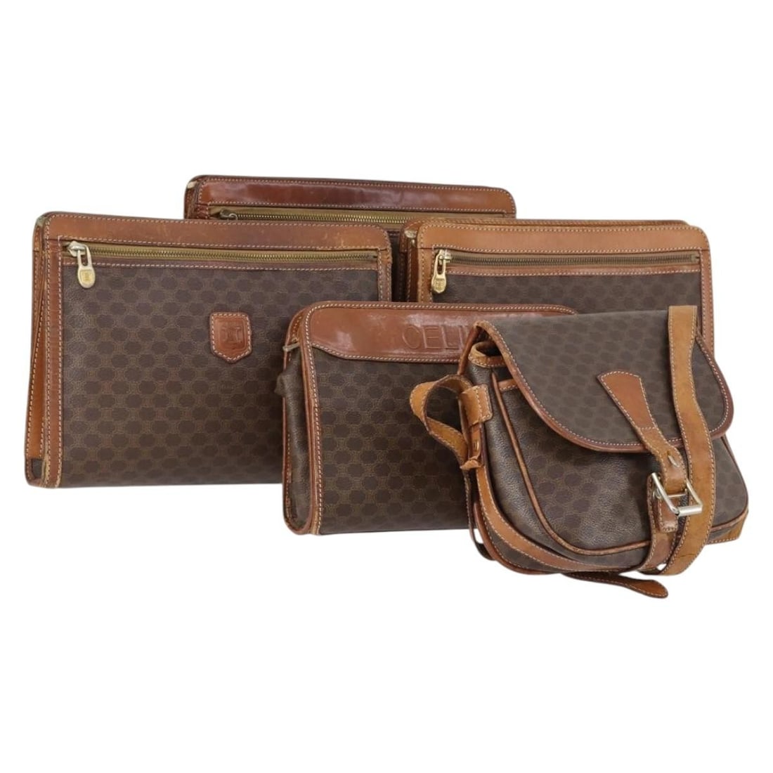 CELINE Black Brown PVC Leather Shoulder Bag Set of 5 Authentic: CELINE Black Brown PVC Leather Shoulder Bag Set of 5 Authentic This authentic CELINE shoulder bag set features a stylish combination of black and brown PVC leather and Macadam canvas. Crafted in Italy