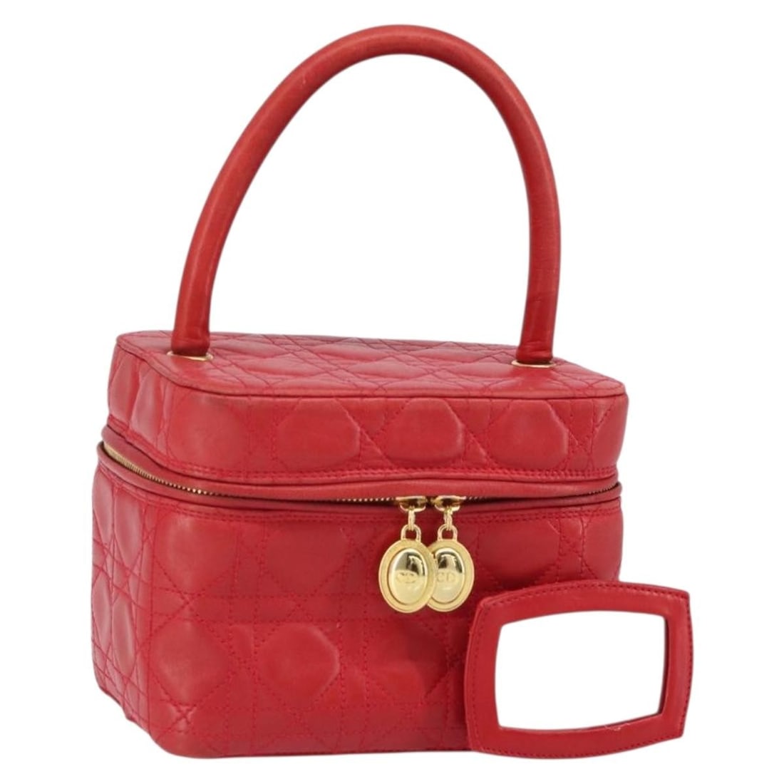 Red Lambskin Cannage Vanity Bag with Mirror by Christian Dior: Red Lambskin Cannage Vanity Bag with Mirror by Christian Dior This Christian Dior Canage Vanity cosmetic pouch is crafted from red lambskin leather with gold-tone accents. The pouch features a structu