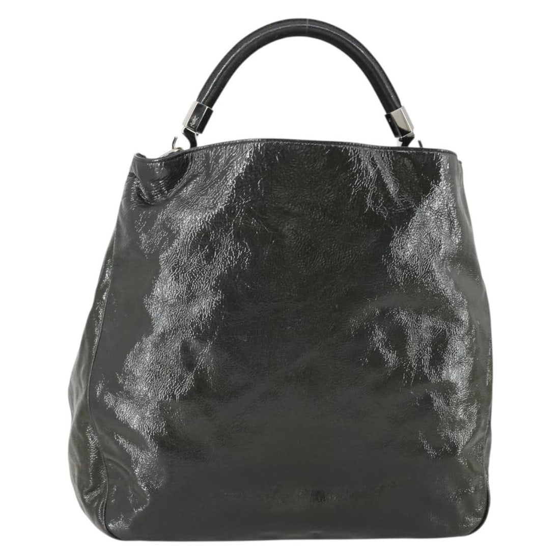 SAINT LAURENT Khaki Silver Enamel Shoulder Bag Italy Auth: SAINT LAURENT Khaki Silver Enamel Shoulder Bag Italy Auth This SAINT LAURENT shoulder bag showcases a stylish khaki and silver enamel exterior, perfect for adding a touch of sophistication to your out