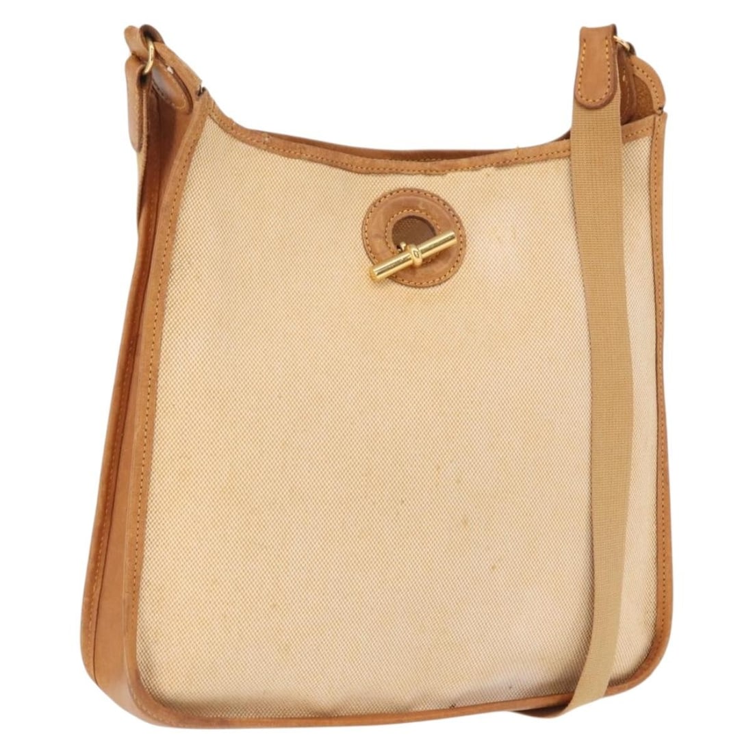 Hermes Vespa PM Beige Canvas Shoulder Bag Gold Tone Accents: Hermes Vespa PM Beige Canvas Shoulder Bag Gold Tone Accents This HERMES Vespa PM shoulder bag features a beige and gold canvas exterior with a minimalist design. The bag includes a long shoulder strap