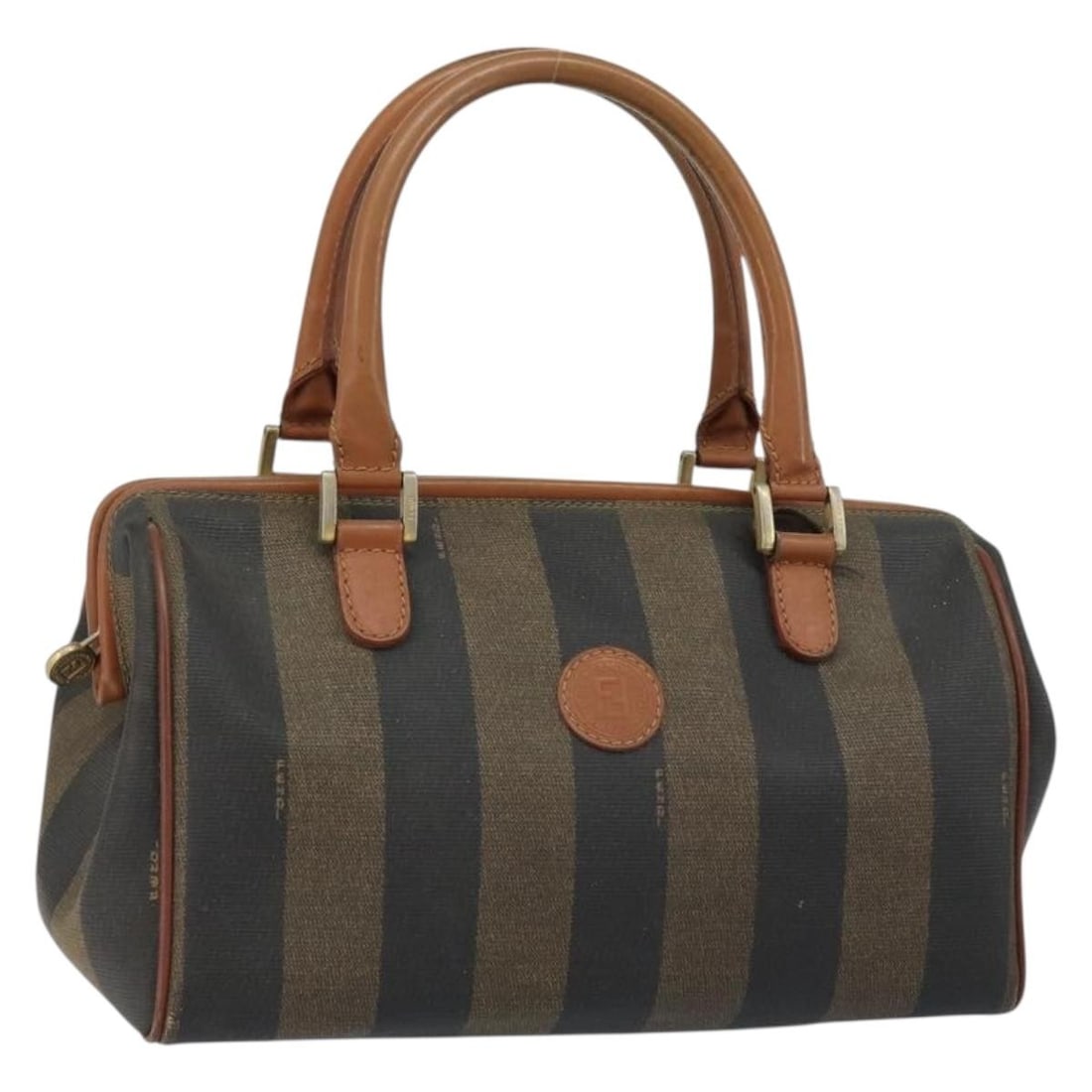 FENDI Pecan Canvas Hand Bag PVC Brown Gold Italy Auth 146932: FENDI Pecan Canvas Hand Bag PVC Brown Gold Italy Auth 146932 Discover this stylish FENDI hand bag, expertly crafted in Italy from durable PVC leather and Pequin canvas. Featuring a chic brown and gold