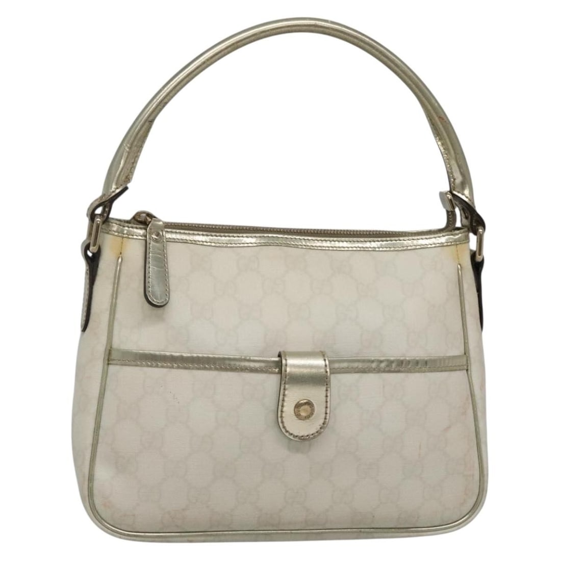 GUCCI GG Supreme White Gold Shoulder Bag PVC 190258 Authentic: GUCCI GG Supreme White Gold Shoulder Bag PVC 190258 Authentic This GUCCI GG Supreme Shoulder Bag is a luxurious accessory crafted in Italy. Made from durable PVC leather, it features a striking white