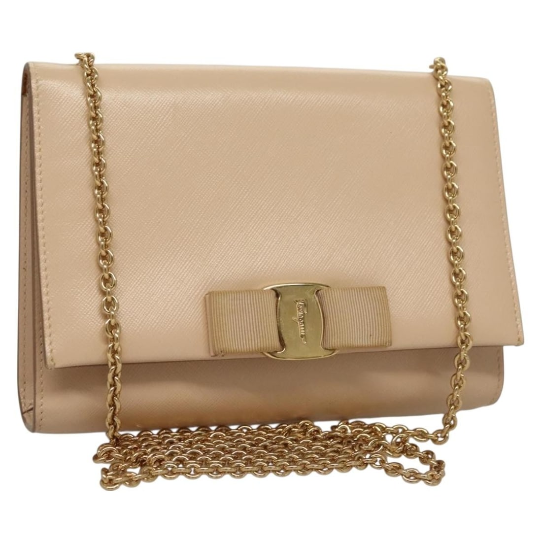 Salvatore Ferragamo Chain Vala Shoulder Bag Leather Beige Gold Made in Italy (1 of 18)
