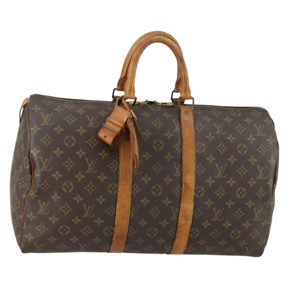 Louis Vuitton Keepall 45 Monogram Canvas Boston Bag M41428 with Name Tag: Louis Vuitton Keepall 45 Monogram Canvas Boston Bag M41428 with Name Tag This is a Louis Vuitton Monogram Keepall 45 Boston Bag, crafted from monogram canvas. The bag features a spacious interior and