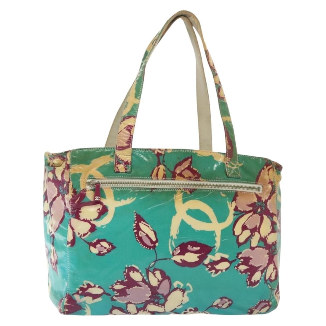 CHANEL Green Silver Canvas Tote Bag Authentic Made in Italy: CHANEL Green Silver Canvas Tote Bag Authentic Made in Italy This authentic CHANEL tote bag is crafted from durable canvas in a striking green and silver color combination. With an approximate height o