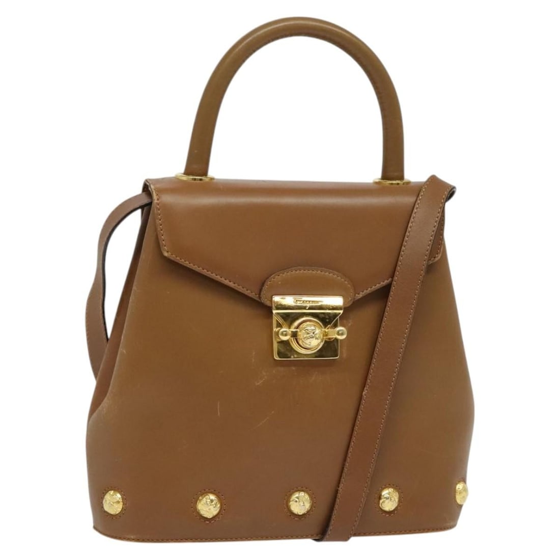 Salvatore Ferragamo Brown Gold Leather 2-Way Hand Bag Italy Auth 121973 (1 of 18)
