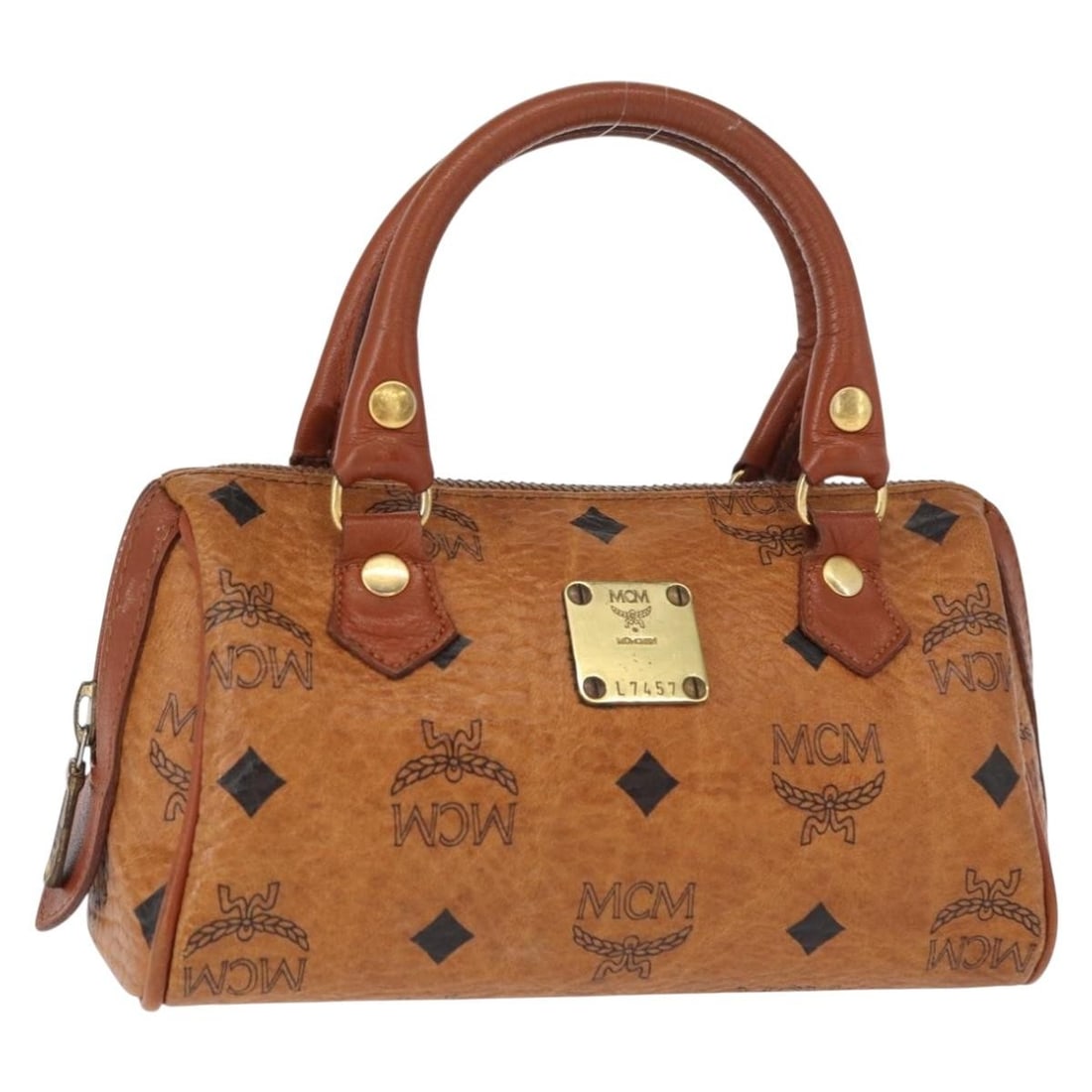 MCM Logogram Vicetos Brown Gold PVC Leather Hand Bag: MCM Logogram Vicetos Brown Gold PVC Leather Hand Bag Introducing the MCM Logogram Vicetos Hand Bag, a stylish accessory crafted from durable PVC leather in an elegant brown and gold color scheme. This