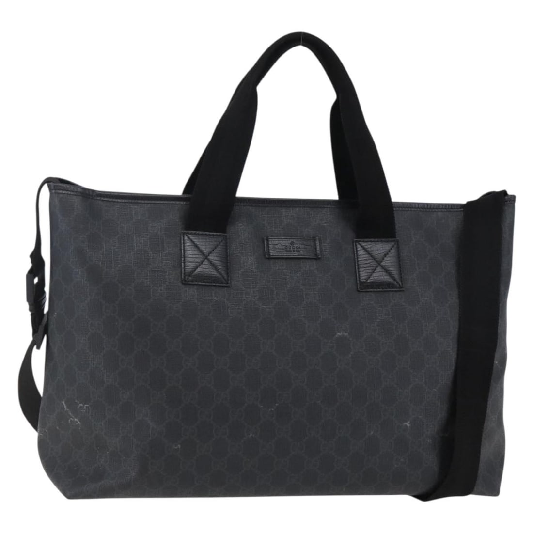 GUCCI GG Supreme Black Tote Bag PVC Leather 162785 Authentic: GUCCI GG Supreme Black Tote Bag PVC Leather 162785 Authentic This authentic GUCCI GG Supreme Tote Bag is a stylish and versatile accessory crafted from durable PVC leather in a classic black color. Th