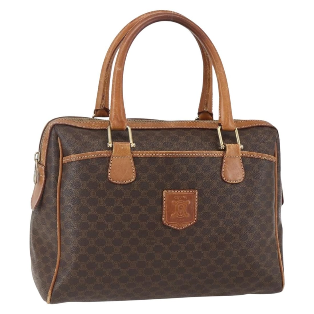 CELINE Brown Gold PVC Leather Macadam Boston Bag Auth 159982: CELINE Brown Gold PVC Leather Macadam Boston Bag Auth 159982 Discover the exquisite CELINE Macadam Canvas Boston Bag, an iconic accessory that combines luxury with practicality. Crafted from durable P