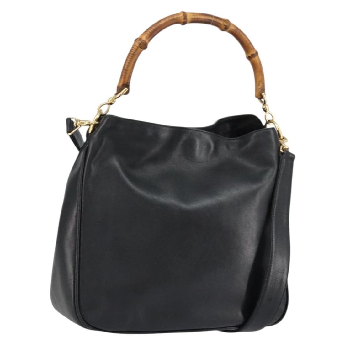 GUCCI Bamboo Shoulder Bag Leather Black Gold 001 2123 1638 Authentic: GUCCI Bamboo Shoulder Bag Leather Black Gold 001 2123 1638 Authentic This GUCCI Bamboo Shoulder Bag combines luxury and practicality with its sleek black leather exterior accented by gold details. Ori
