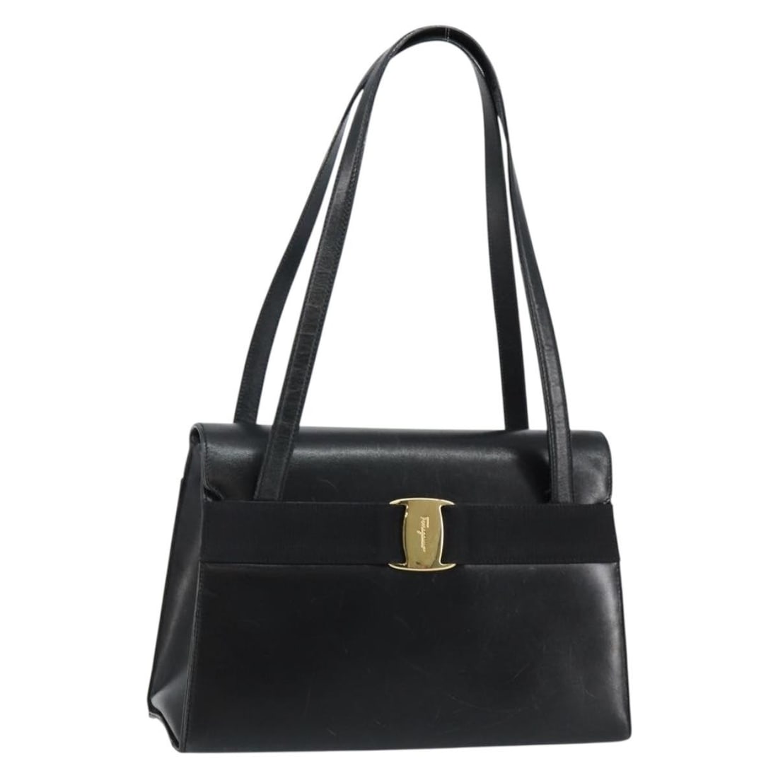 Salvatore Ferragamo Vala Shoulder Bag Black Leather Gold Accents Auth Italy (1 of 18)