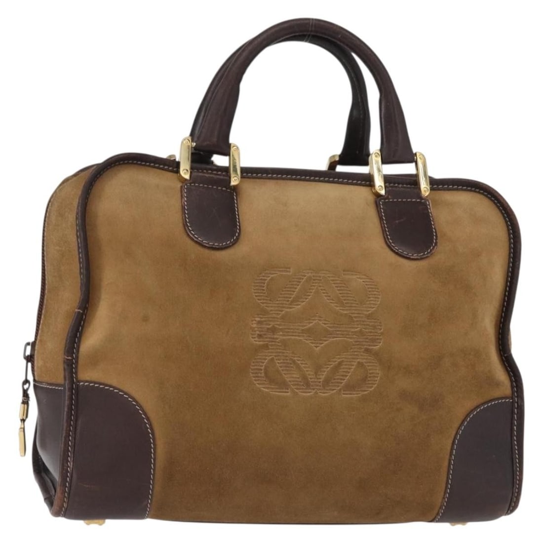 LOEWE Amazona 32 Suede Hand Bag Brown Gold Auth: LOEWE Amazona 32 Suede Hand Bag Brown Gold Auth The LOEWE Anagram Amazona 32 Hand Bag combines luxurious suede leather with a rich brown and gold color palette. Crafted in Spain, this elegant handbag