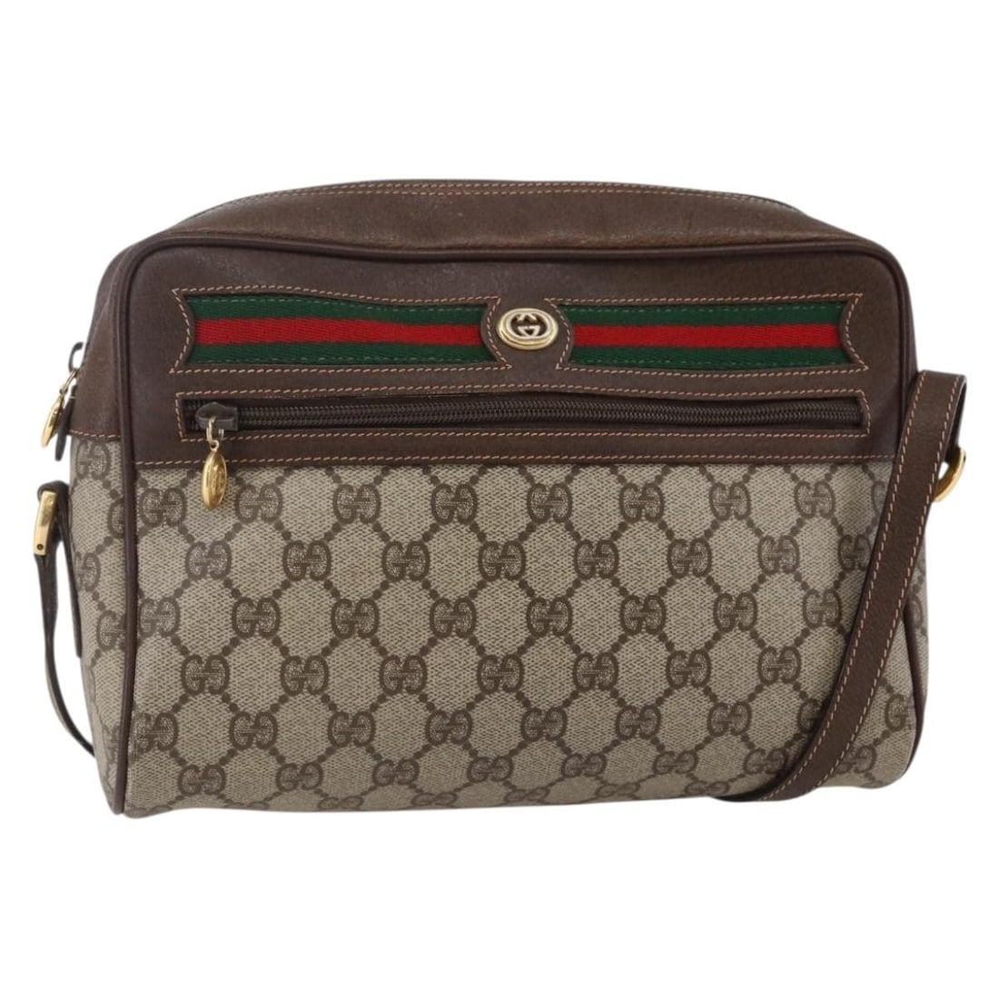 GUCCI GG Supreme Sherry Line Shoulder Bag Beige Red PVC Leather: GUCCI GG Supreme Sherry Line Shoulder Bag Beige Red PVC Leather This authentic GUCCI GG Supreme Web Sherry Line Shoulder Bag showcases a stylish blend of PVC leather in a chic beige, green, and red co