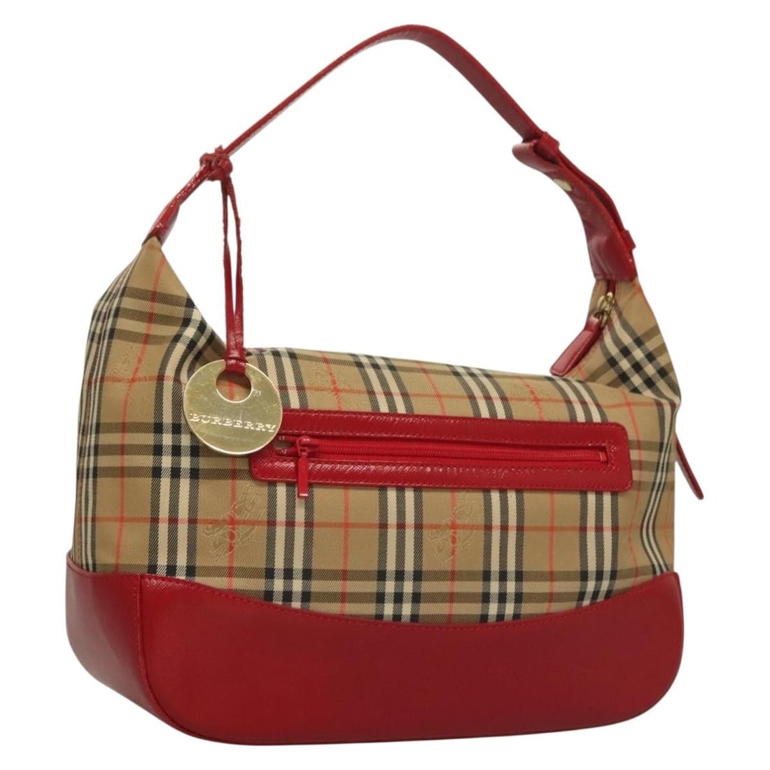Burberry Nova Check Canvas Shoulder Bag Beige Red Gold Auth: Burberry Nova Check Canvas Shoulder Bag Beige Red Gold Auth This Burberry Nova Check Shoulder Bag showcases a stylish blend of beige, red, and gold hues, crafted from durable canvas. With a height of