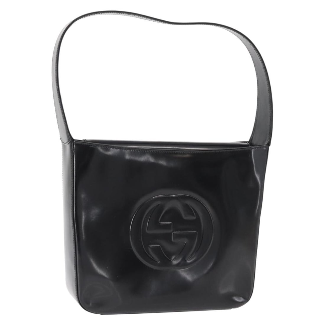GUCCI Black Enamel Shoulder Bag Italy Authentic: GUCCI Black Enamel Shoulder Bag Italy Authentic This authentic GUCCI shoulder bag showcases a sleek black enamel exterior, exuding a timeless elegance. Measuring approximately 10.2 inches in length, 8