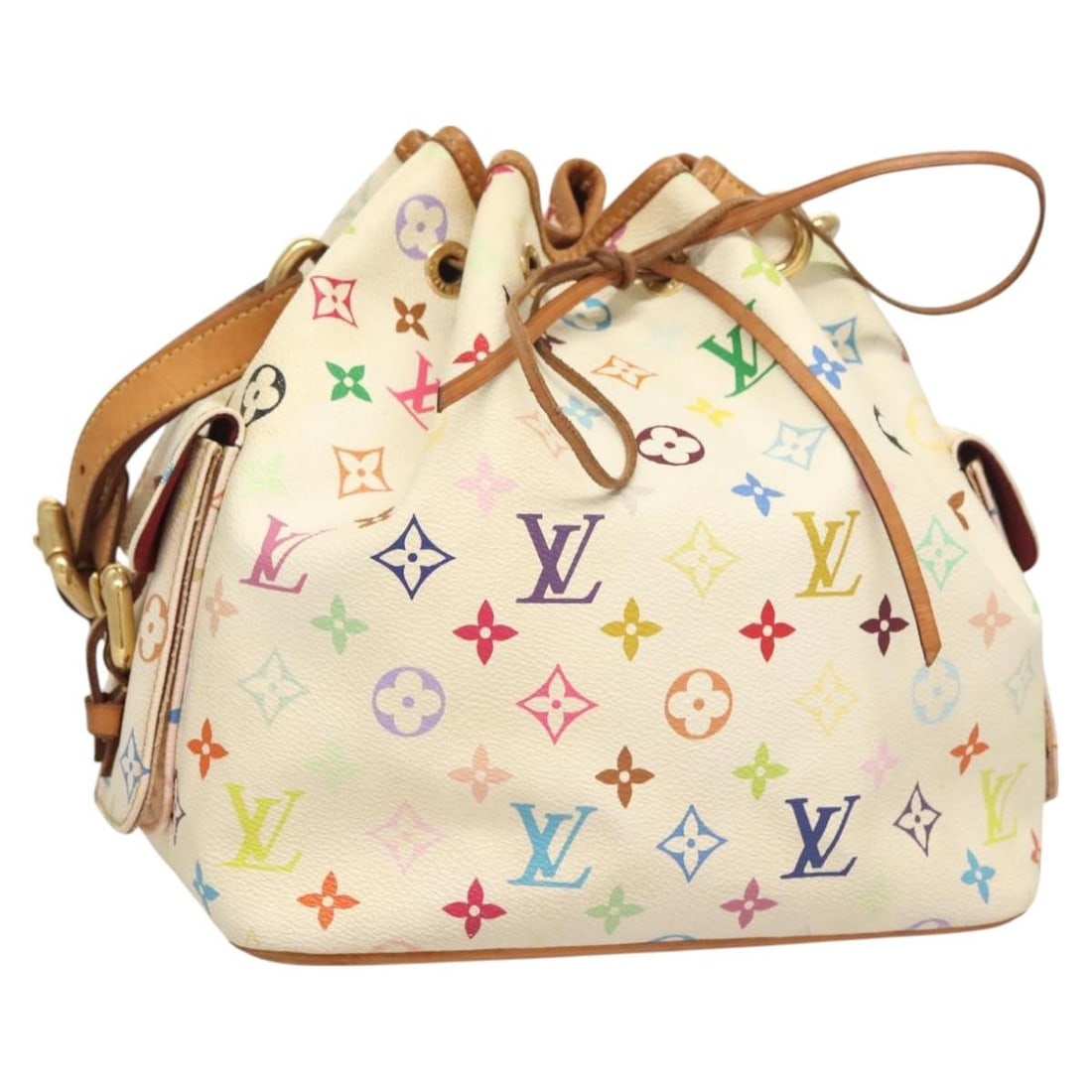 Louis Vuitton Petit Noe White Multicolor Monogram Canvas Shoulder Bag M42229: Louis Vuitton Petit Noe White Multicolor Monogram Canvas Shoulder Bag M42229 This shoulder bag features the iconic Monogram Multicolor canvas in white, designed for the Louis Vuitton Petit Noe style.