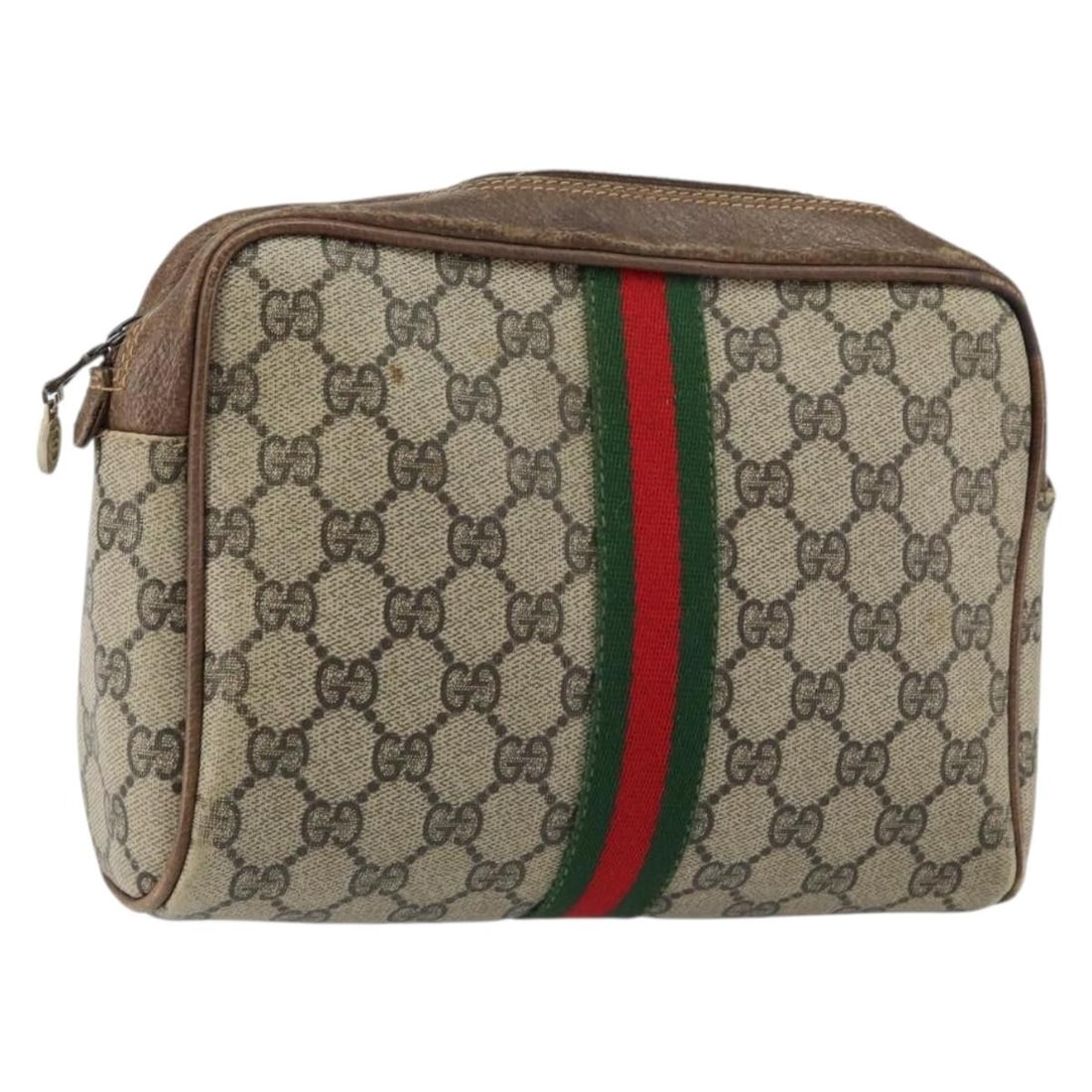 GUCCI GG Supreme Sherry Clutch Bag Beige PVC 27 004 998 Auth: GUCCI GG Supreme Sherry Clutch Bag Beige PVC 27 004 998 Auth Introducing the GUCCI GG Supreme Web Sherry Line Clutch Bag, a stylish and sophisticated accessory crafted in Italy. This elegant clutch fe
