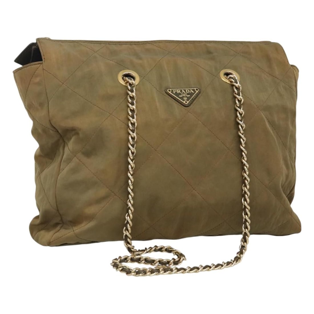 PRADA Beige Gold Chain Shoulder Bag Nylon Made in Italy: PRADA Beige Gold Chain Shoulder Bag Nylon Made in Italy This PRADA Chain Shoulder Bag exudes elegance with its chic beige and gold color scheme. Crafted from durable nylon, it features a spacious inte