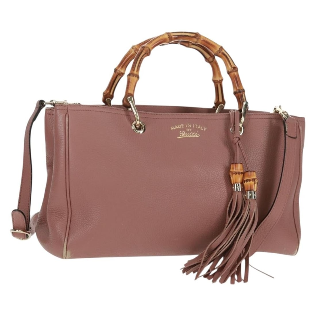 Pink Leather GUCCI Bamboo Top Handle Handbag with Strap Model 323660: Pink Leather GUCCI Bamboo Top Handle Handbag with Strap Model 323660 This Gucci Bamboo Hand Bag features a 2-way design crafted from leather in pink and gold tones. Made in Italy, it includes both a t