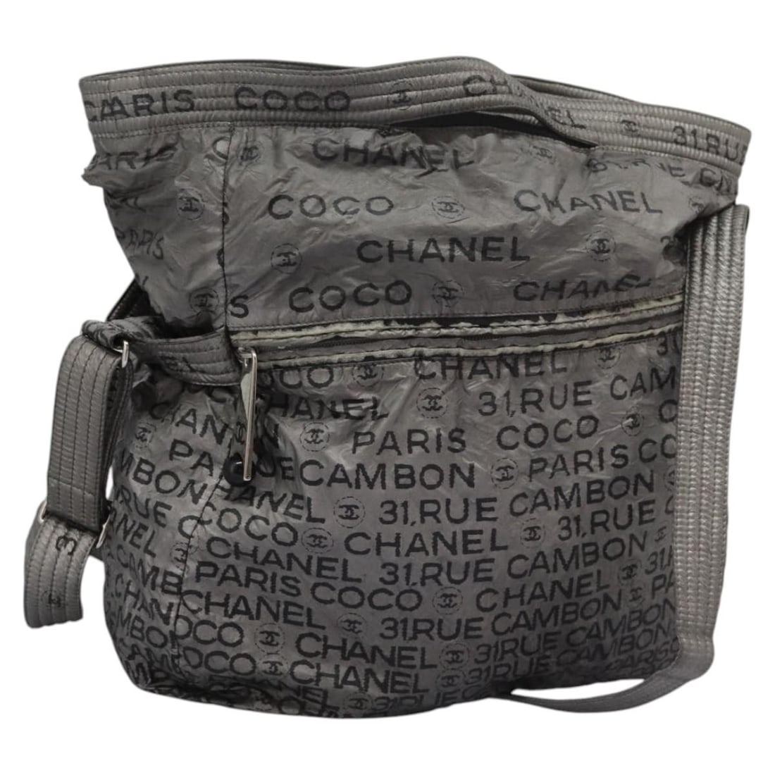 CHANEL Silver Coated Canvas Unlimited Shoulder Bag Authentic 2-Way: CHANEL Silver Coated Canvas Unlimited Shoulder Bag Authentic 2-Way Elevate your accessory collection with this authentic CHANEL Unlimited Shoulder Bag, expertly crafted in Italy from durable coated ca