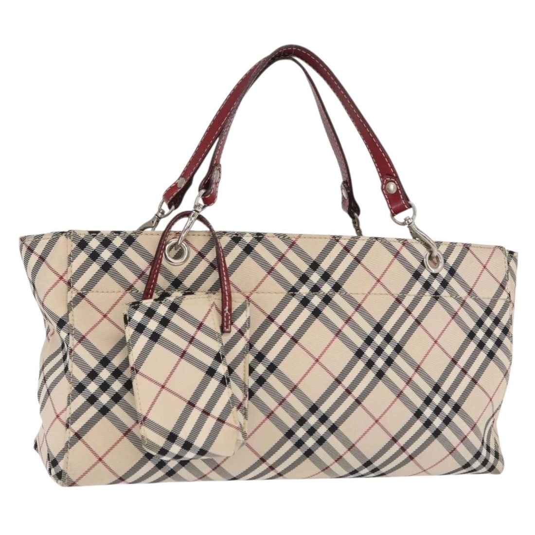 Burberry Blue Label Nova Check Beige Canvas Handbag with Pouch: Burberry Blue Label Nova Check Beige Canvas Handbag with Pouch This Burberry Nova Check Blue Label handbag features a beige and silver canvas exterior with signature check pattern. The bag includes a