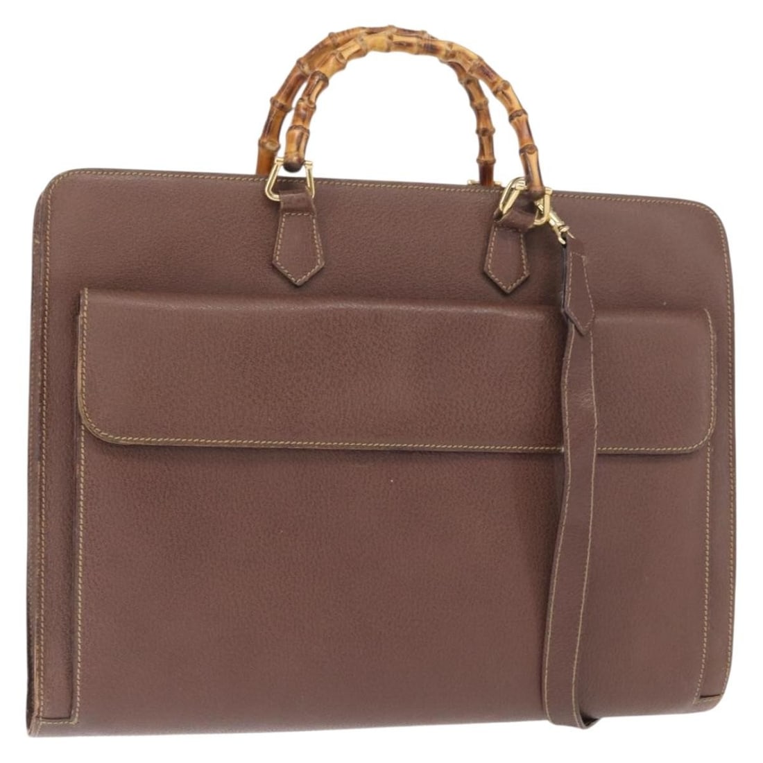 Brown Leather Gucci Bamboo 2way Business Bag with Strap Model 015 1521 3675: Brown Leather Gucci Bamboo 2way Business Bag with Strap Model 015 1521 3675 This GUCCI Bamboo Business Bag is crafted from brown leather and offers both hand-carry and shoulder wear options with its d
